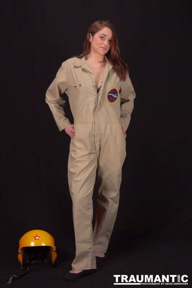 Lindsey was visiting and wanted to shoot, and I had an idea for a pinup based on a pilot's helmet I had recently been given.  So we went to a local military surplus and whipped up a pilot costume and did this shoot.